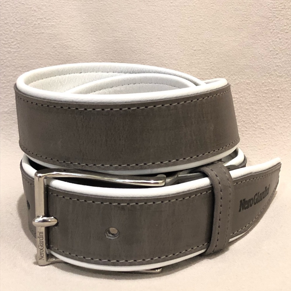 Nero Giardini Gray Leather Belt with White Trim